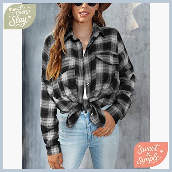 Oversized Flannel Plaid Button Down Shirt Lightweight Long Sleeve Blouse - Picture 3 of 7